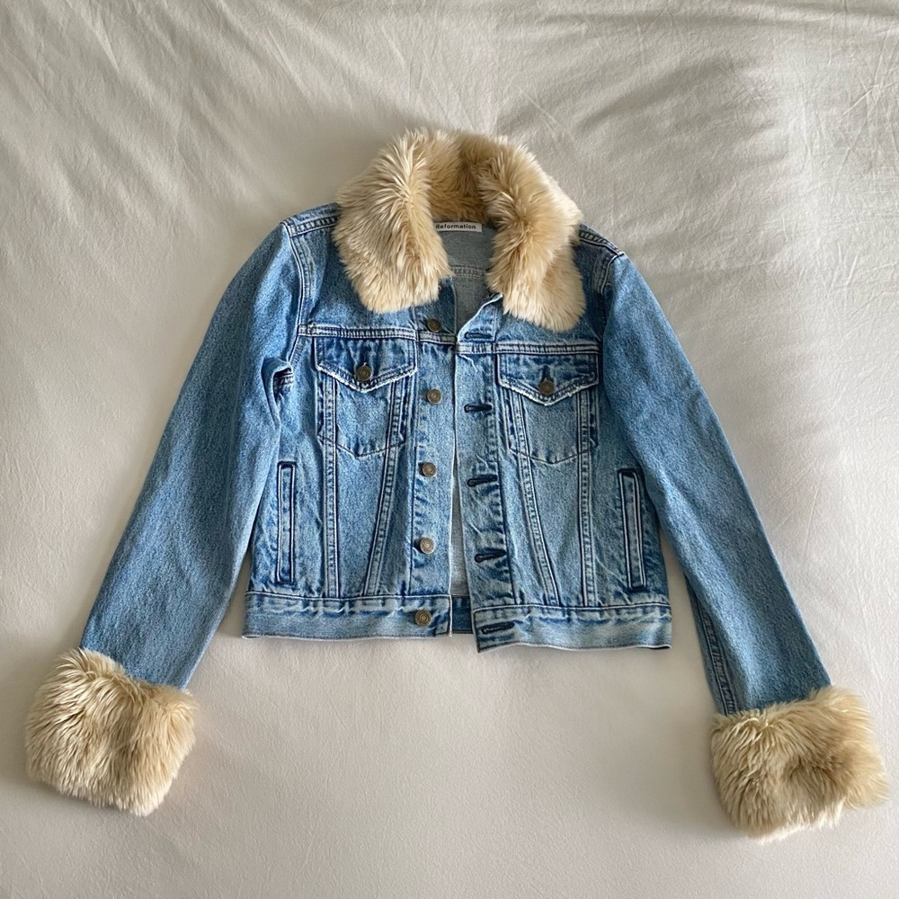 Reformation Faux Fur Trim Denim Jacket
